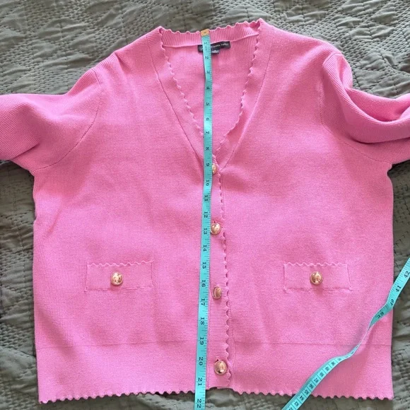 Pastel Pink Scalloped Trim Knit Cardigan Elegant Preppy Lady Jacket XL - Picture 8 of 8